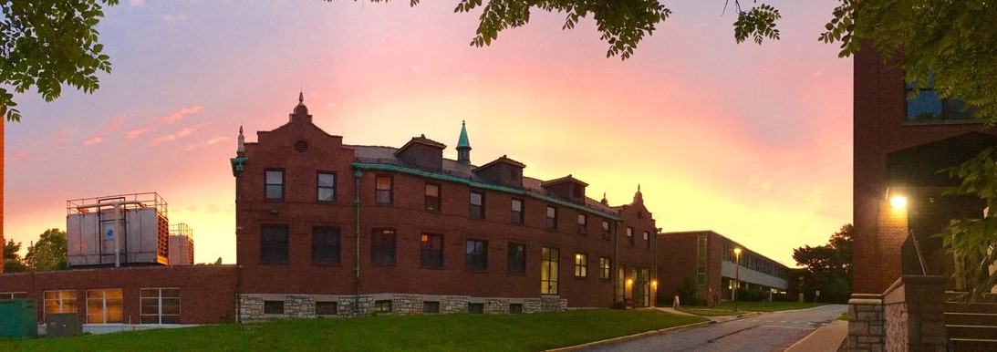 south campus computer building at sunset